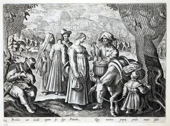 Birdcatchers que vendem o pombo de madeira, ilustração de "Venationes, Ferarum, Avium, Piscium" (da caça: Bestas selvagens, pássaros, peixes), gravada por Jan Collaert (1566-1628), bar. por Phillipus Gallaeus, Amst